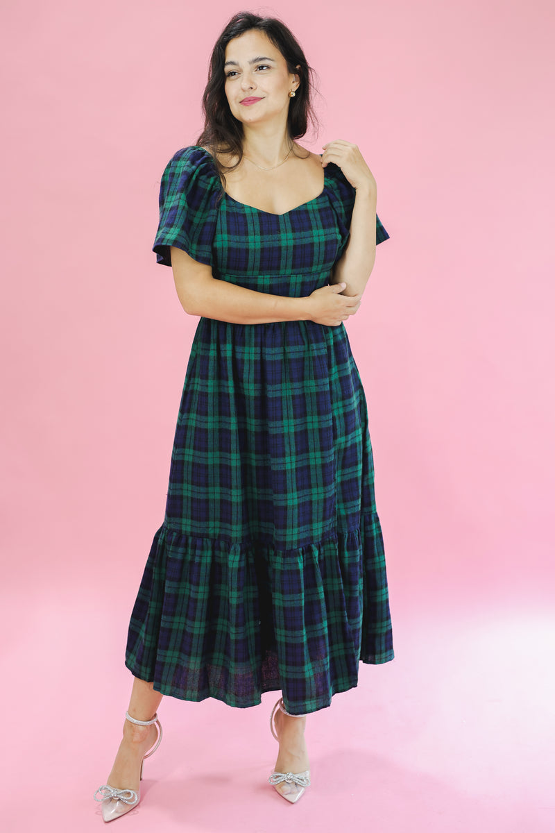 Home For The Holidays Tartan Midi Dress In Navy