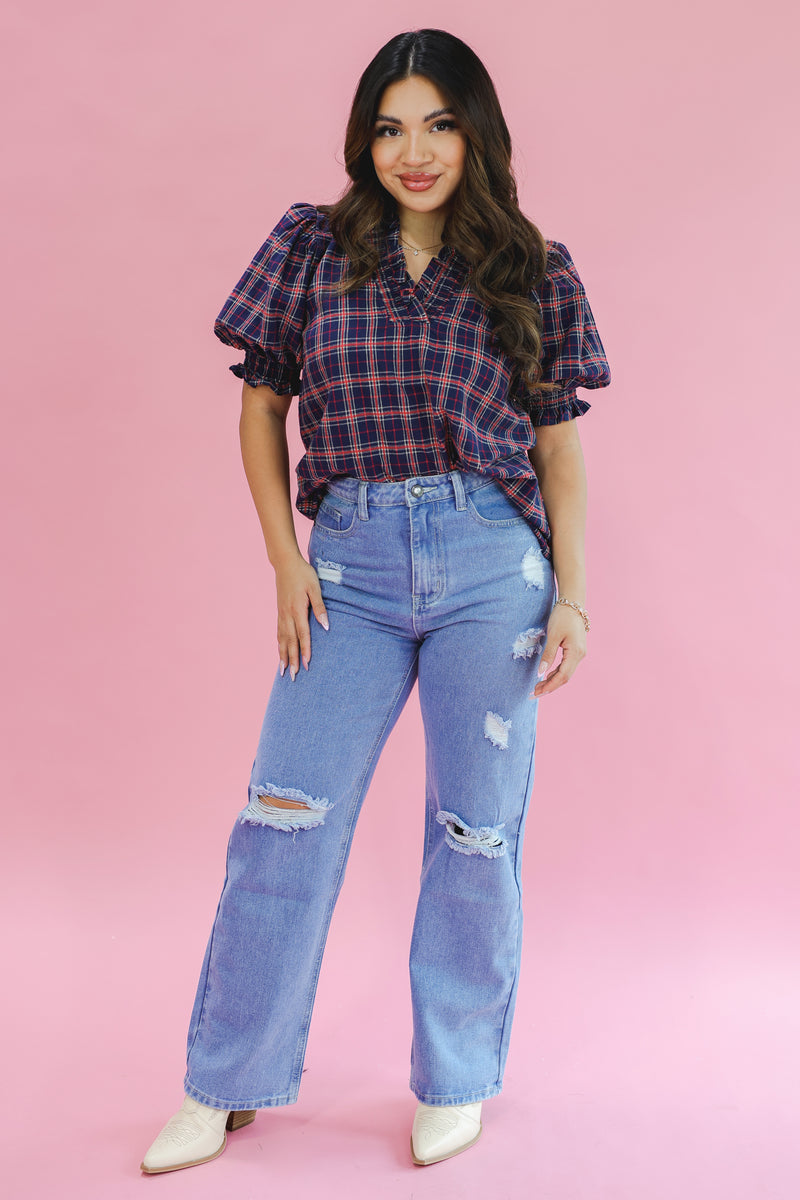 Spiced Latte Plaid Top In Navy