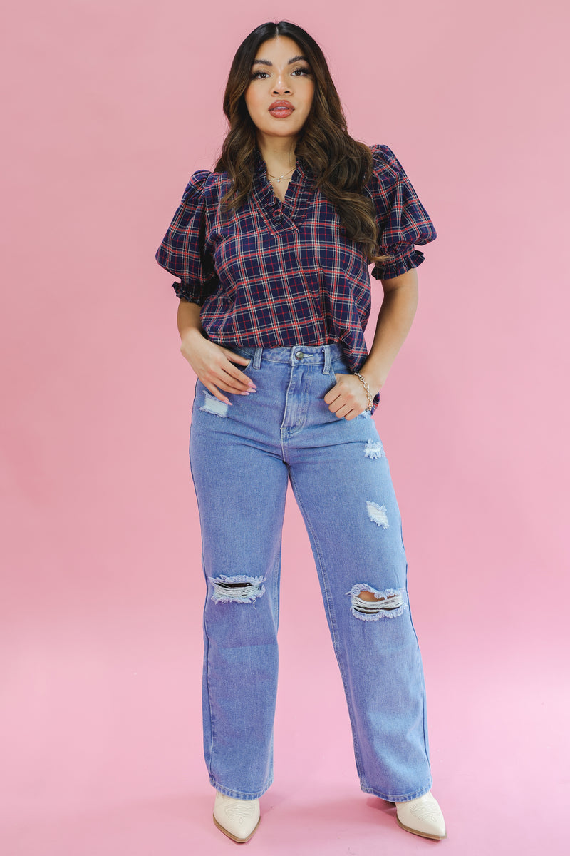 Spiced Latte Plaid Top In Navy