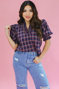 Spiced Latte Plaid Top In Navy