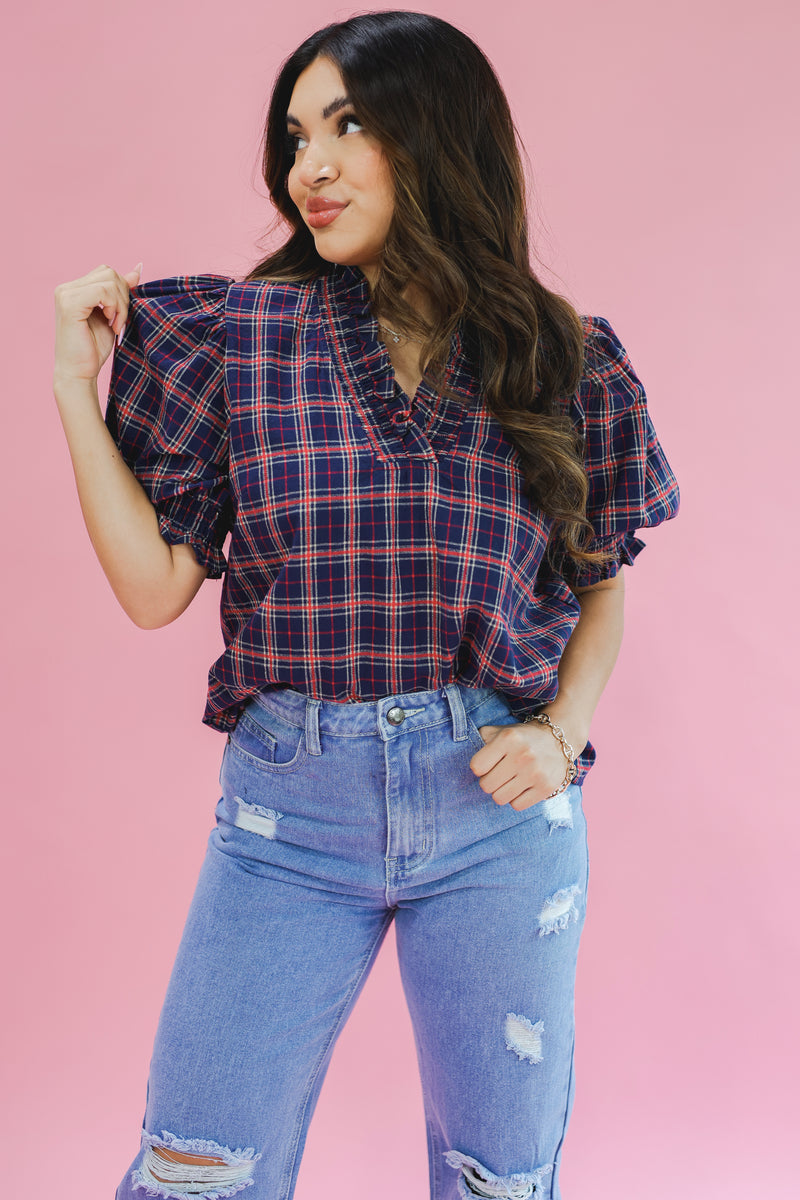 Spiced Latte Plaid Top In Navy