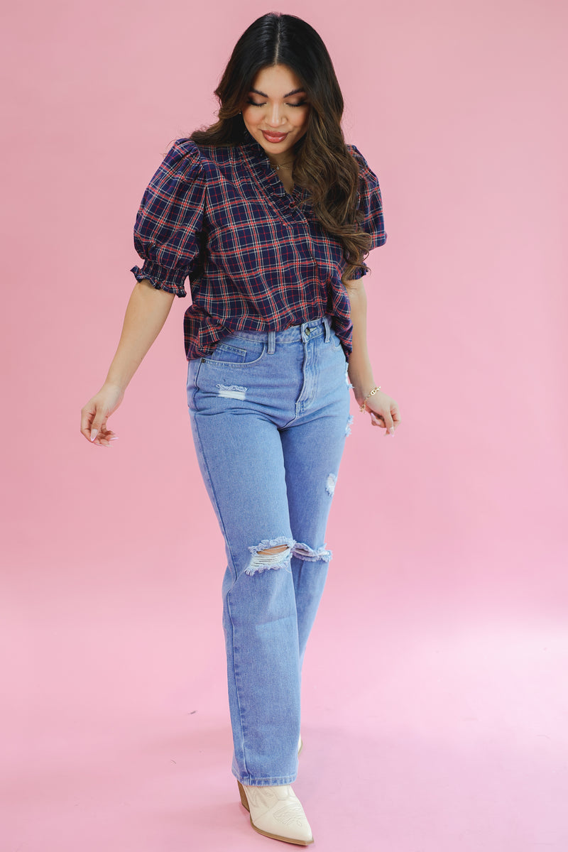 Spiced Latte Plaid Top In Navy