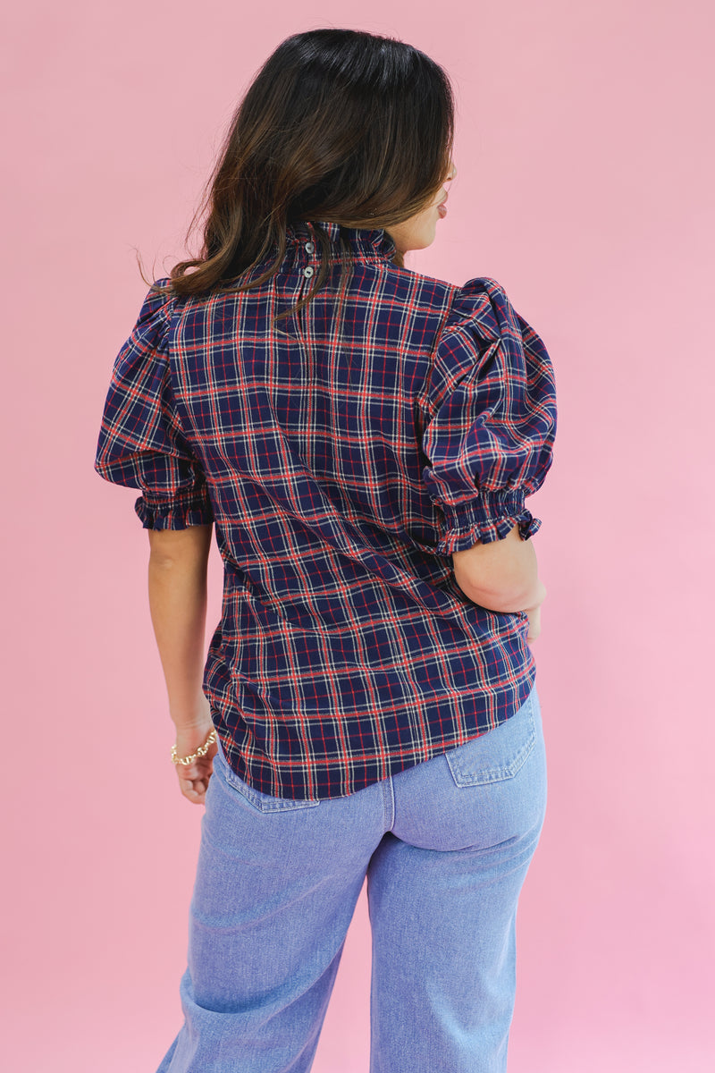 Spiced Latte Plaid Top In Navy