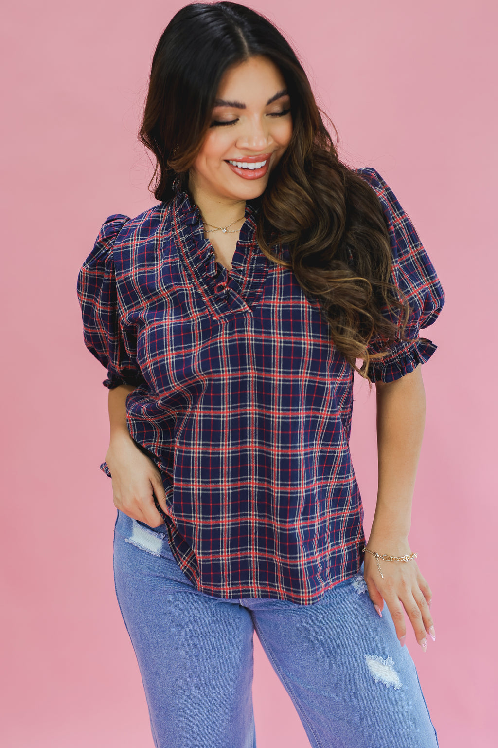 Spiced Latte Plaid Top In Navy