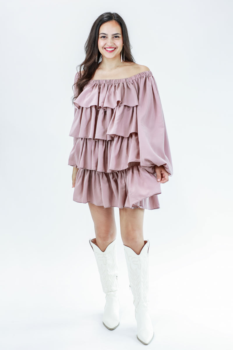 Dancing Queen Tiered Dress In Dusty Mauve by Mable