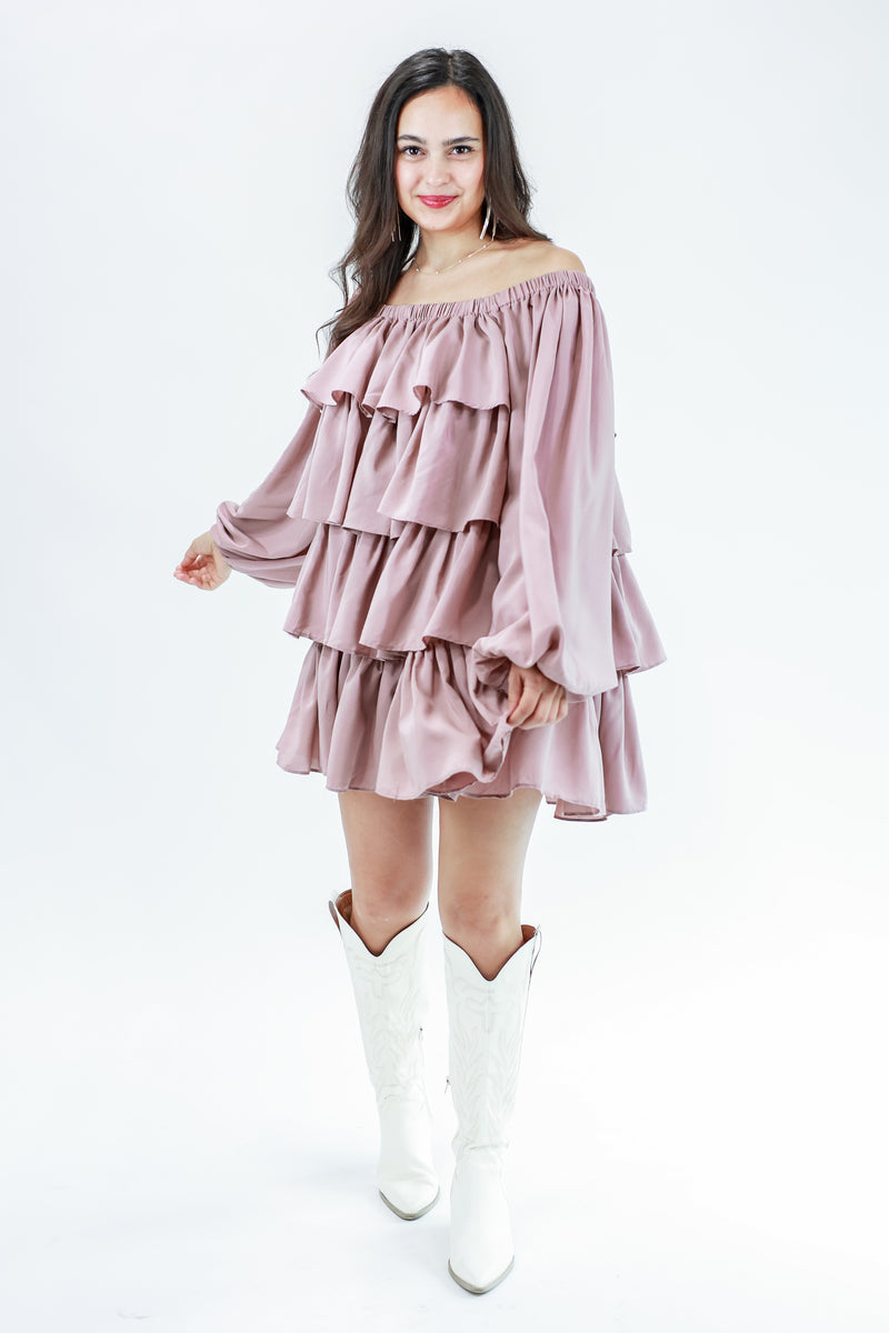 Dancing Queen Tiered Dress In Dusty Mauve by Mable