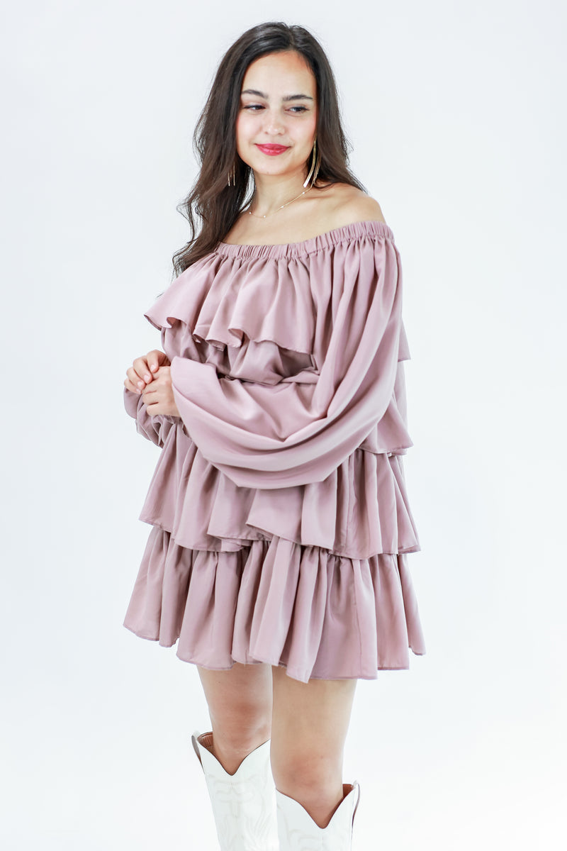 Dancing Queen Tiered Dress In Dusty Mauve by Mable