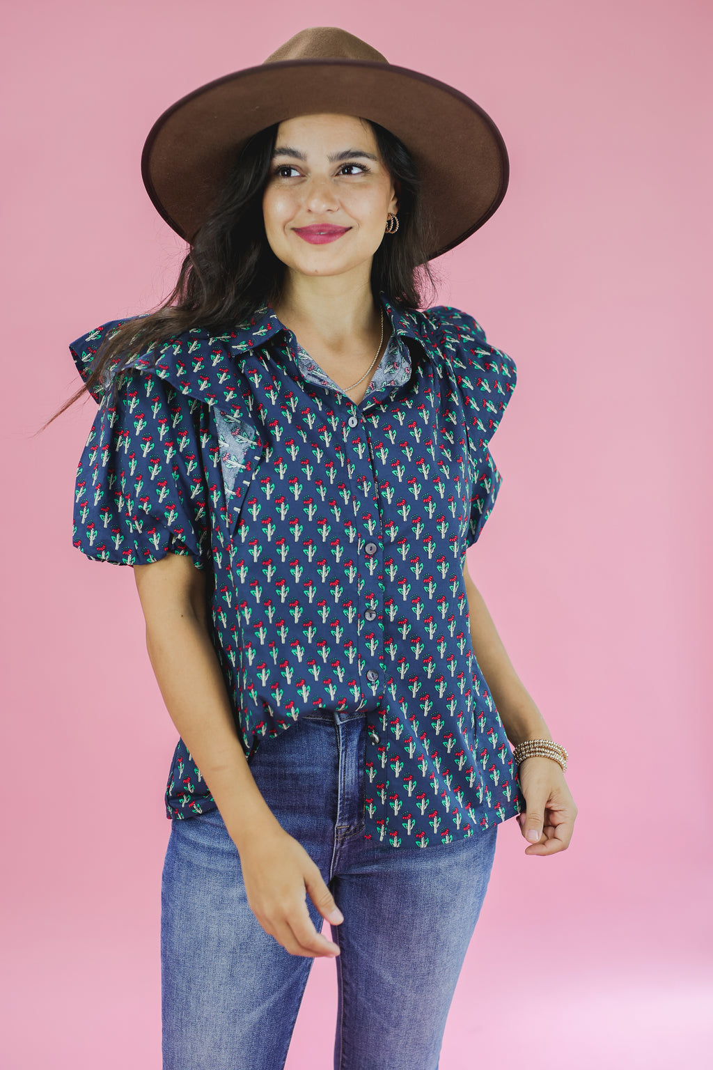 Weekday Hustle Floral Button Top In Navy