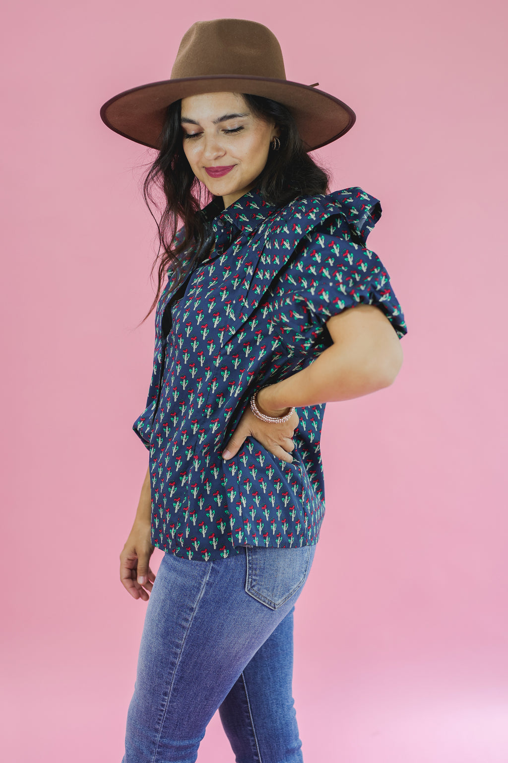 Weekday Hustle Floral Button Top In Navy