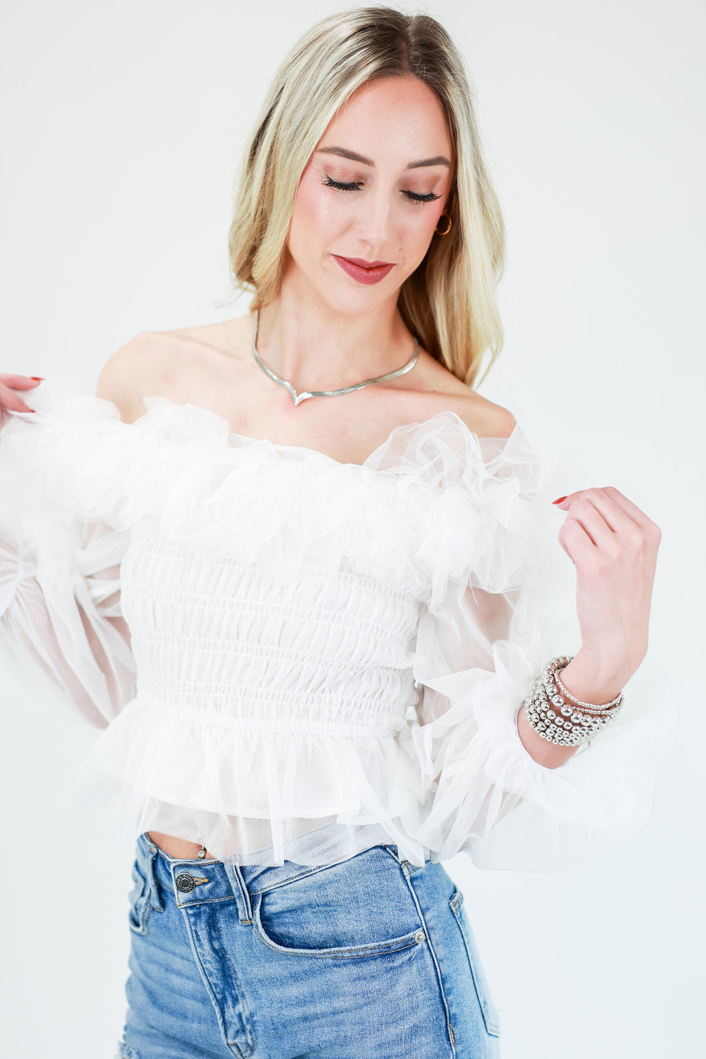 Complimenting Accent Tulle Top In White