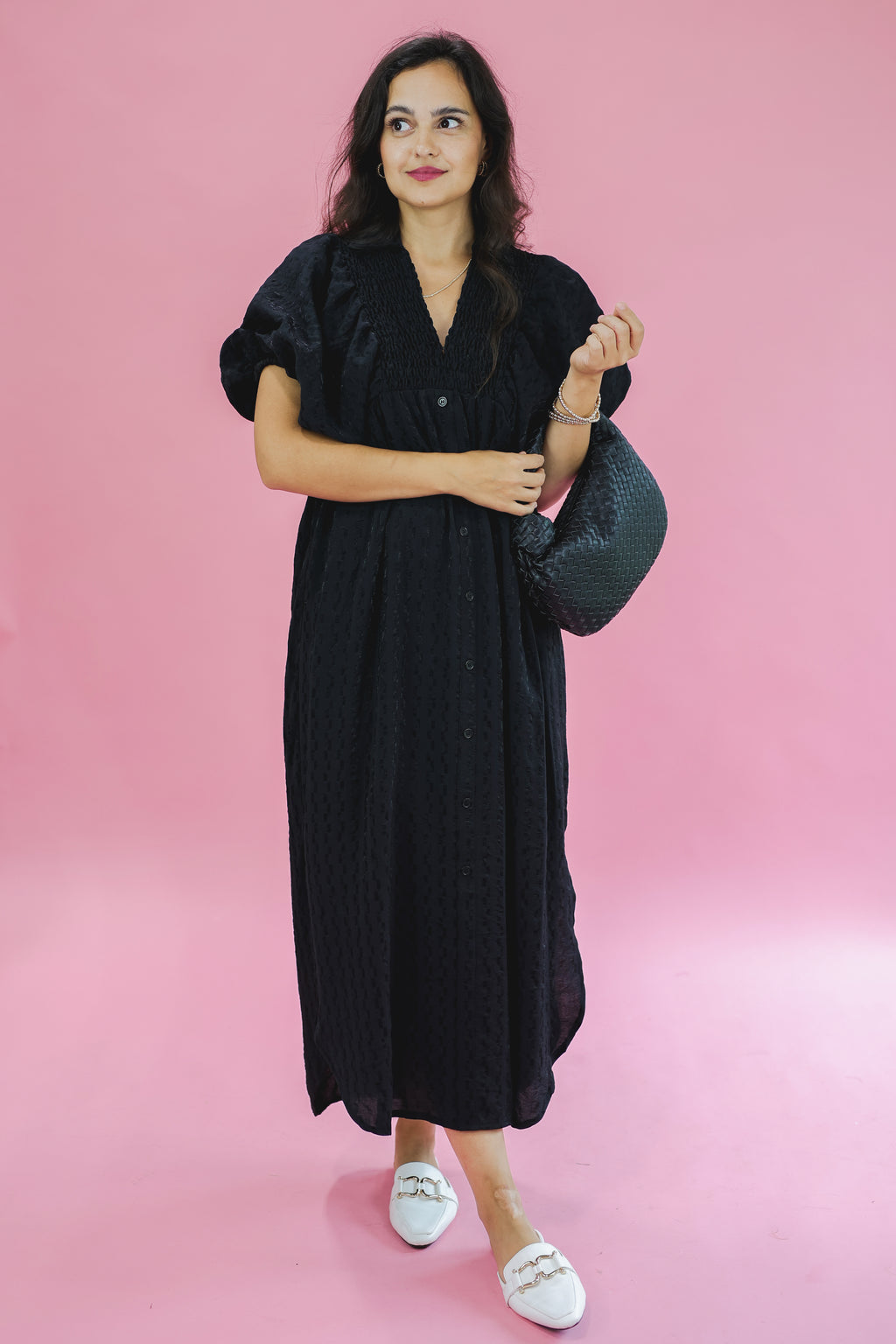 Carry On Smocked Midi Dress In Black