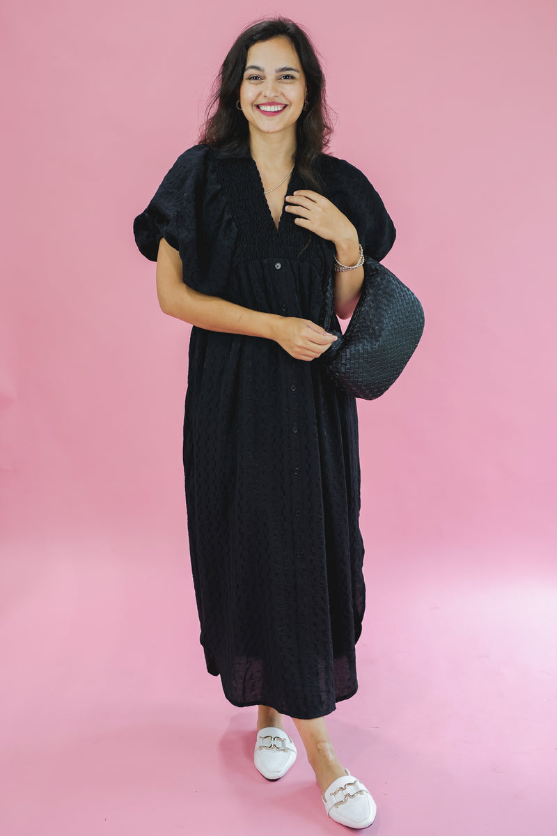 Carry On Smocked Midi Dress In Black