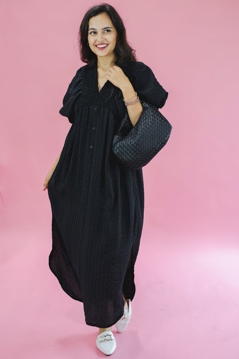 Carry On Smocked Midi Dress In Black