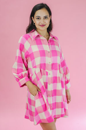 Brighter Times Gingham Shift Dress In Pink