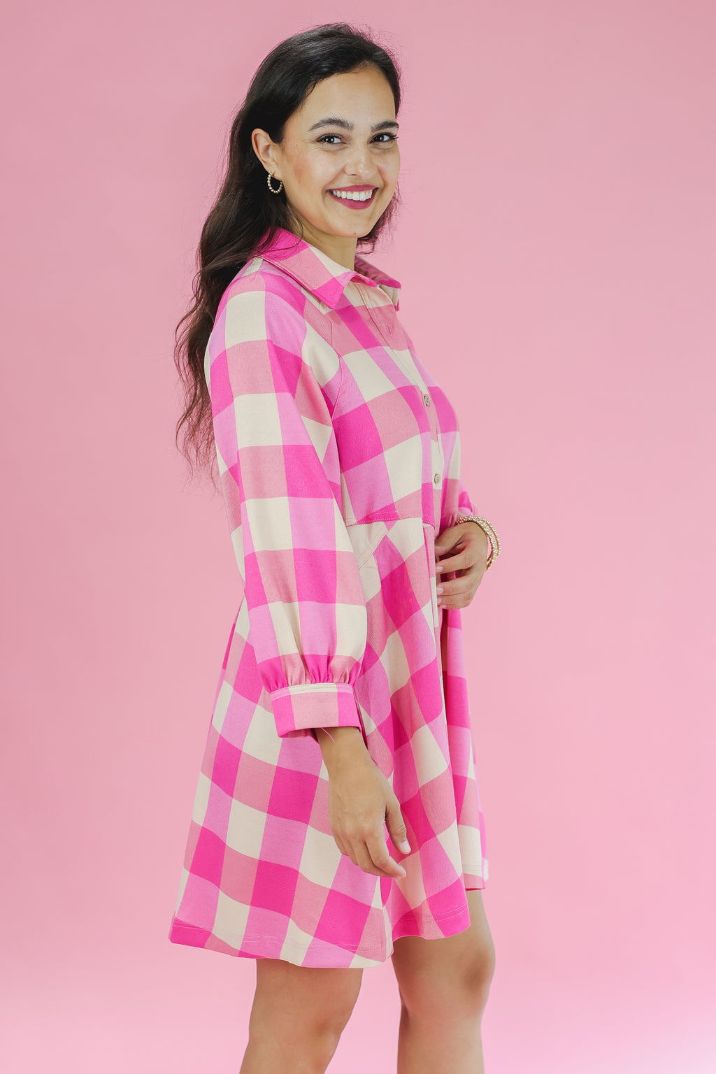 Brighter Times Gingham Shift Dress In Pink