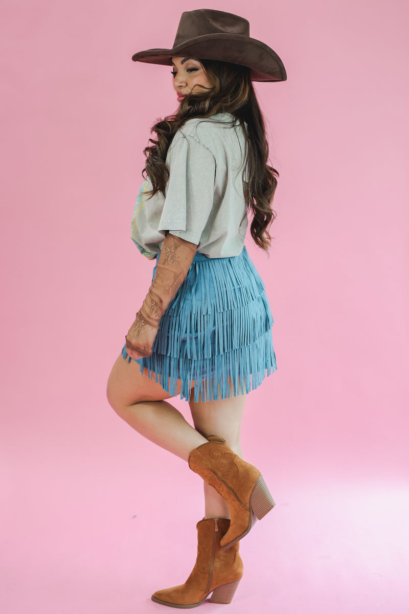 Cowgirl Pride Fringe Skirt In Teal