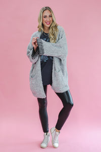 Snuggle & Coffee Fuzzy Cardigan In Grey