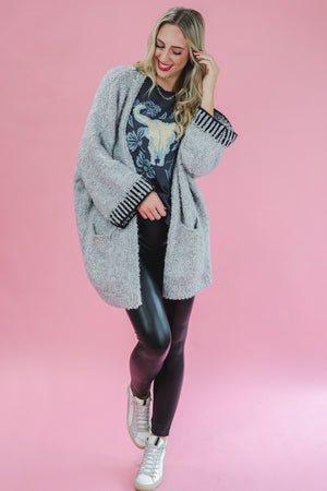 Snuggle & Coffee Fuzzy Cardigan In Grey