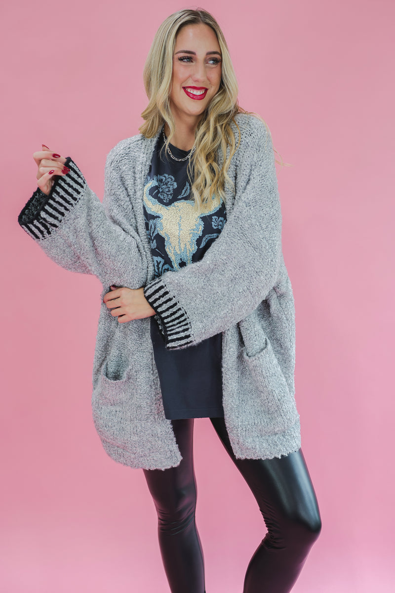 Snuggle & Coffee Fuzzy Cardigan In Grey