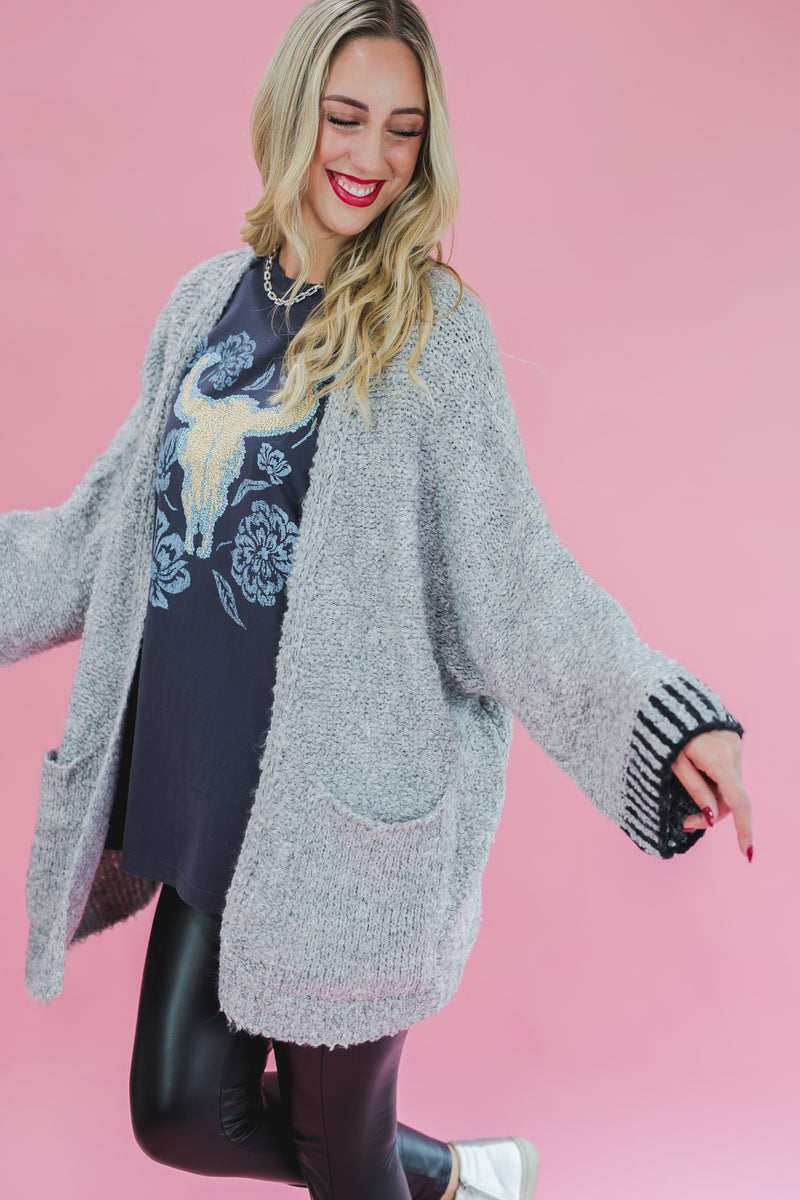 Snuggle & Coffee Fuzzy Cardigan In Grey