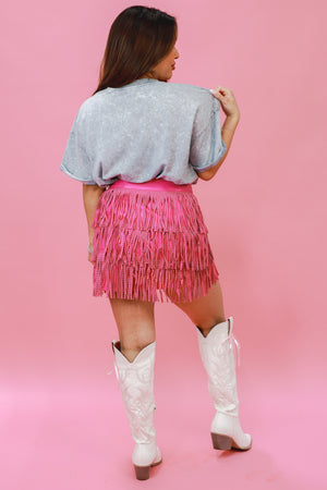 Star Studded Faux Leather Fringe Skirt In Pink