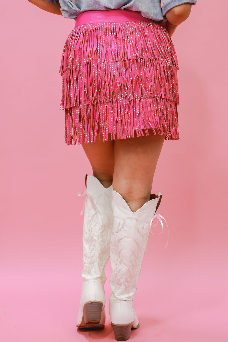 Star Studded Faux Leather Fringe Skirt In Pink