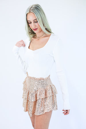 Shining After Midnight Sequin Skort In Champagne