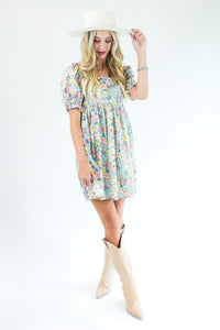 Talk Of The Town Floral Dress In Light Gray