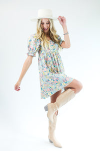 Talk Of The Town Floral Dress In Light Gray