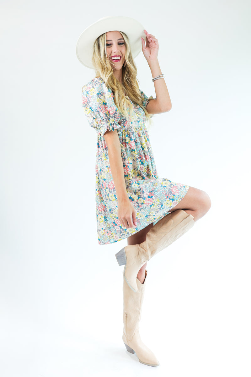 Talk Of The Town Floral Dress In Light Gray