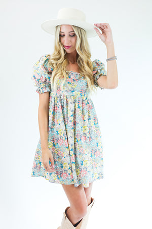 Talk Of The Town Floral Dress In Light Gray