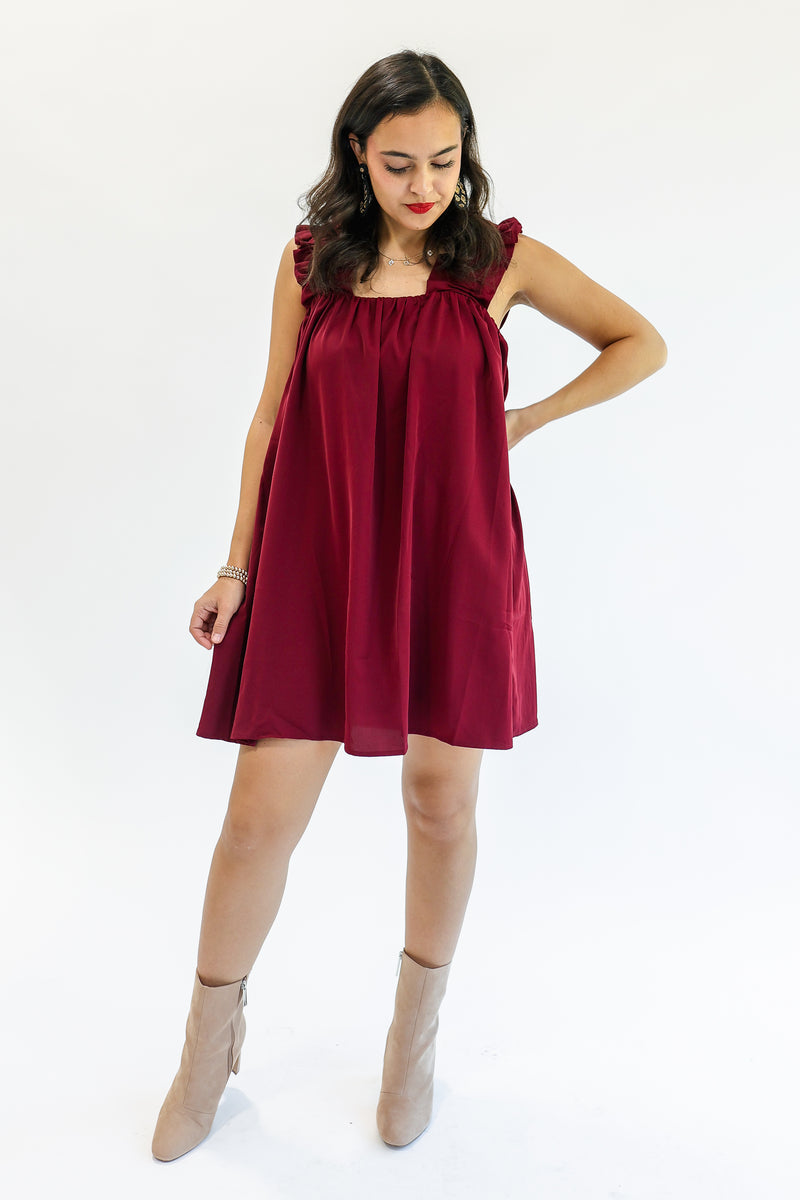 Brunchin' Babe Shift Dress In Burgundy