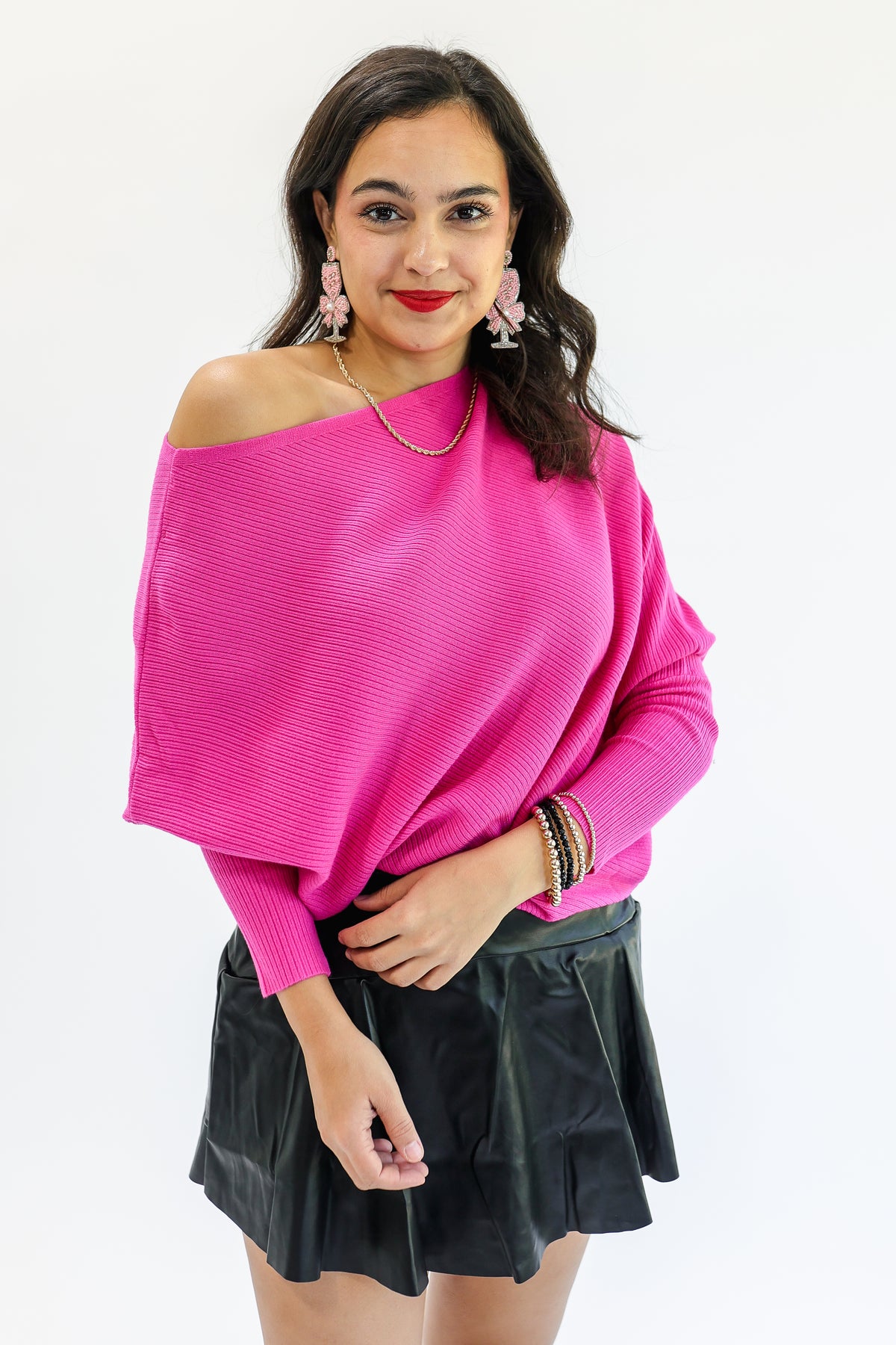 Cool Retreat Dolman Sweater In Hot Pink