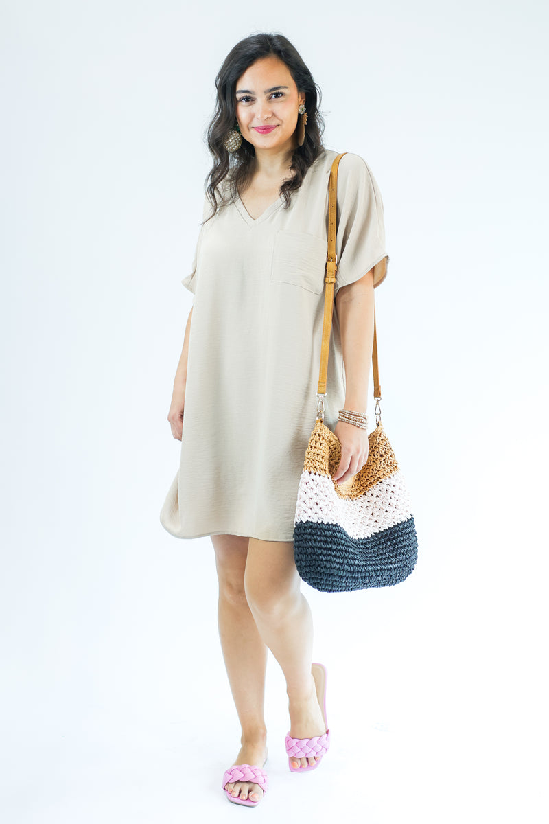 Weekend Strolls Shift Tee Dress In Taupe