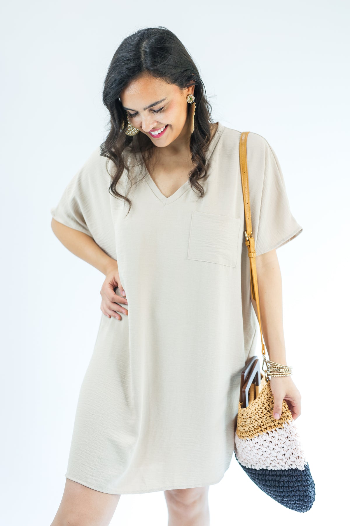 Weekend Strolls Shift Tee Dress In Taupe