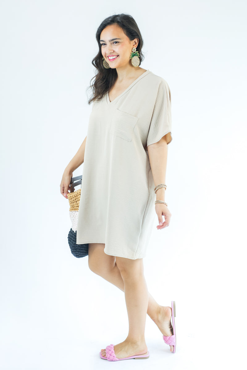 Weekend Strolls Shift Tee Dress In Taupe