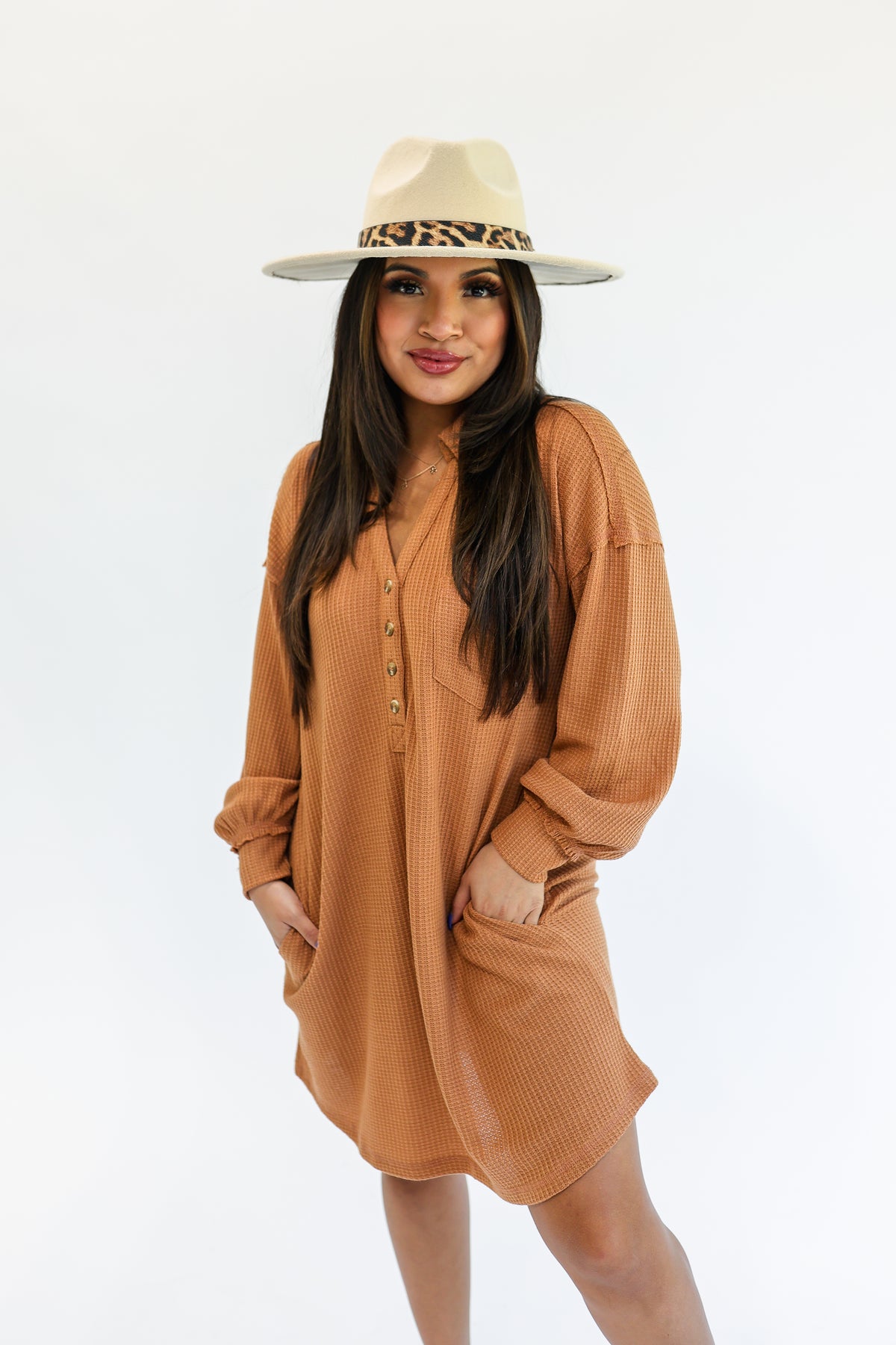 Easy Days Waffle Tee Dress In Camel