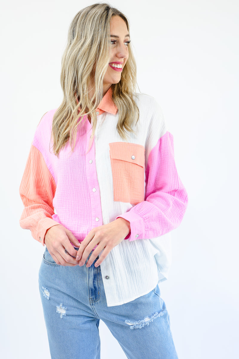 Spring Fever Color Block Top In Pink