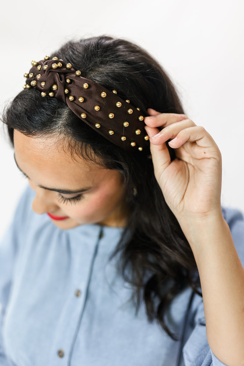 All Smiles Gold Studded Headband In Chocolate