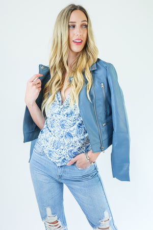 Rockstar Diva Faux Leather Jacket In Blue