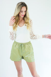 Brunch Standards Faux Leather Shorts In Olive