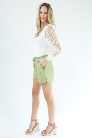 Brunch Standards Faux Leather Shorts In Olive