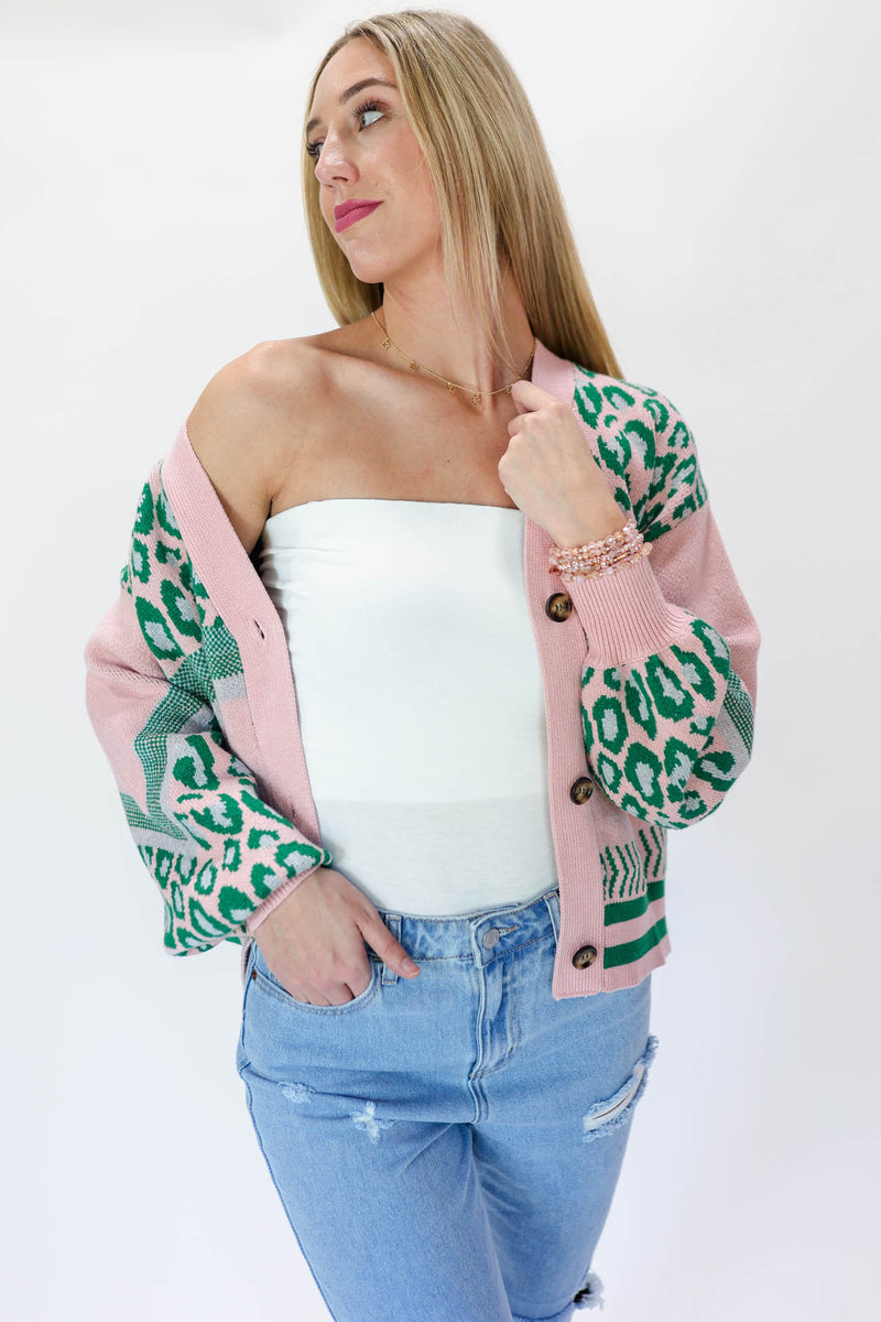 Follow Your Heart Leopard Cardigan In Pink