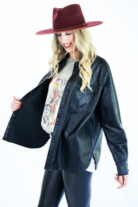 Concert Seeker Faux Leather Shacket In Black