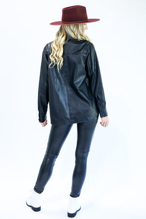 Concert Seeker Faux Leather Shacket In Black