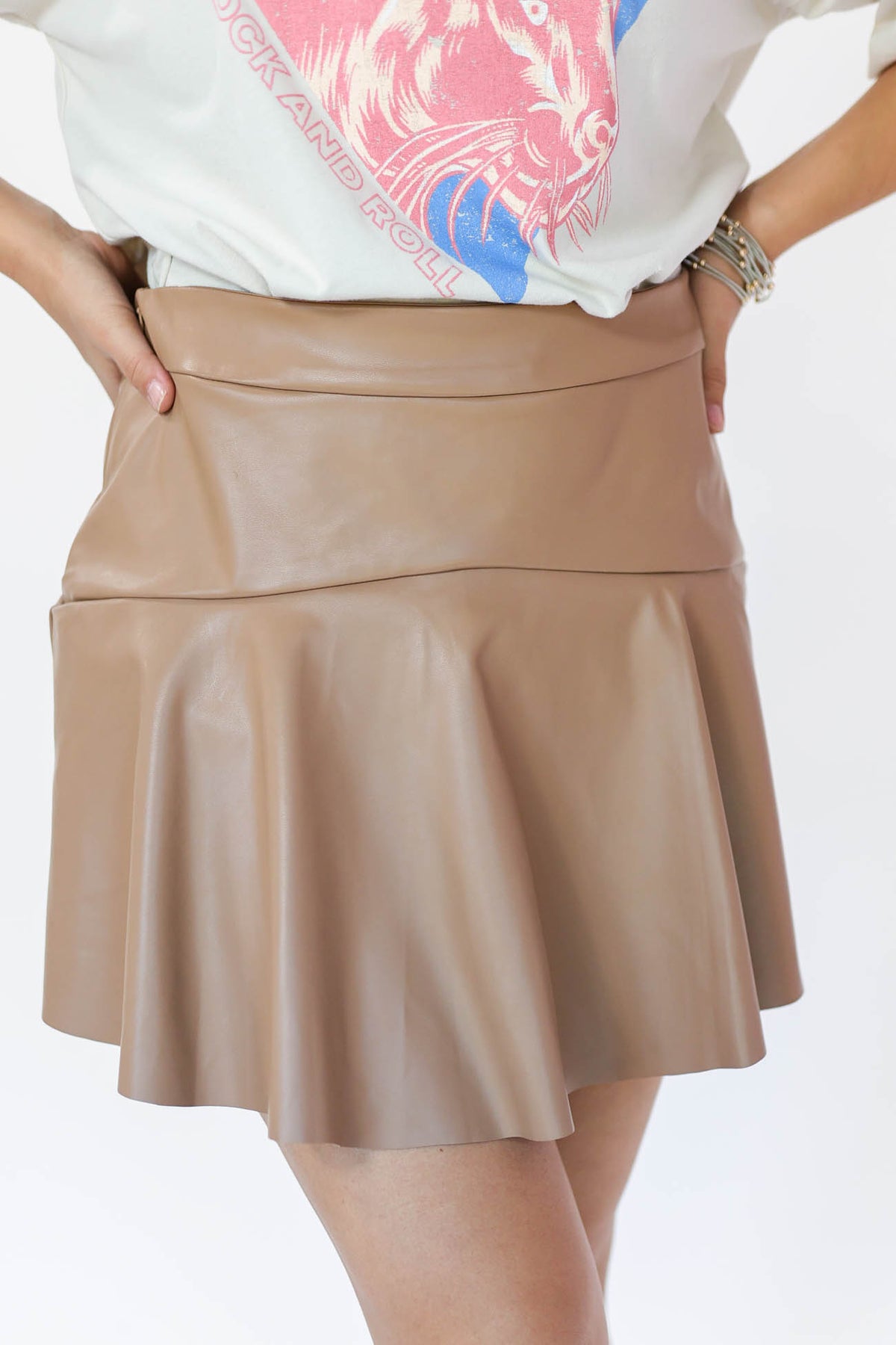 The Camille Faux Leather Skort In Camel