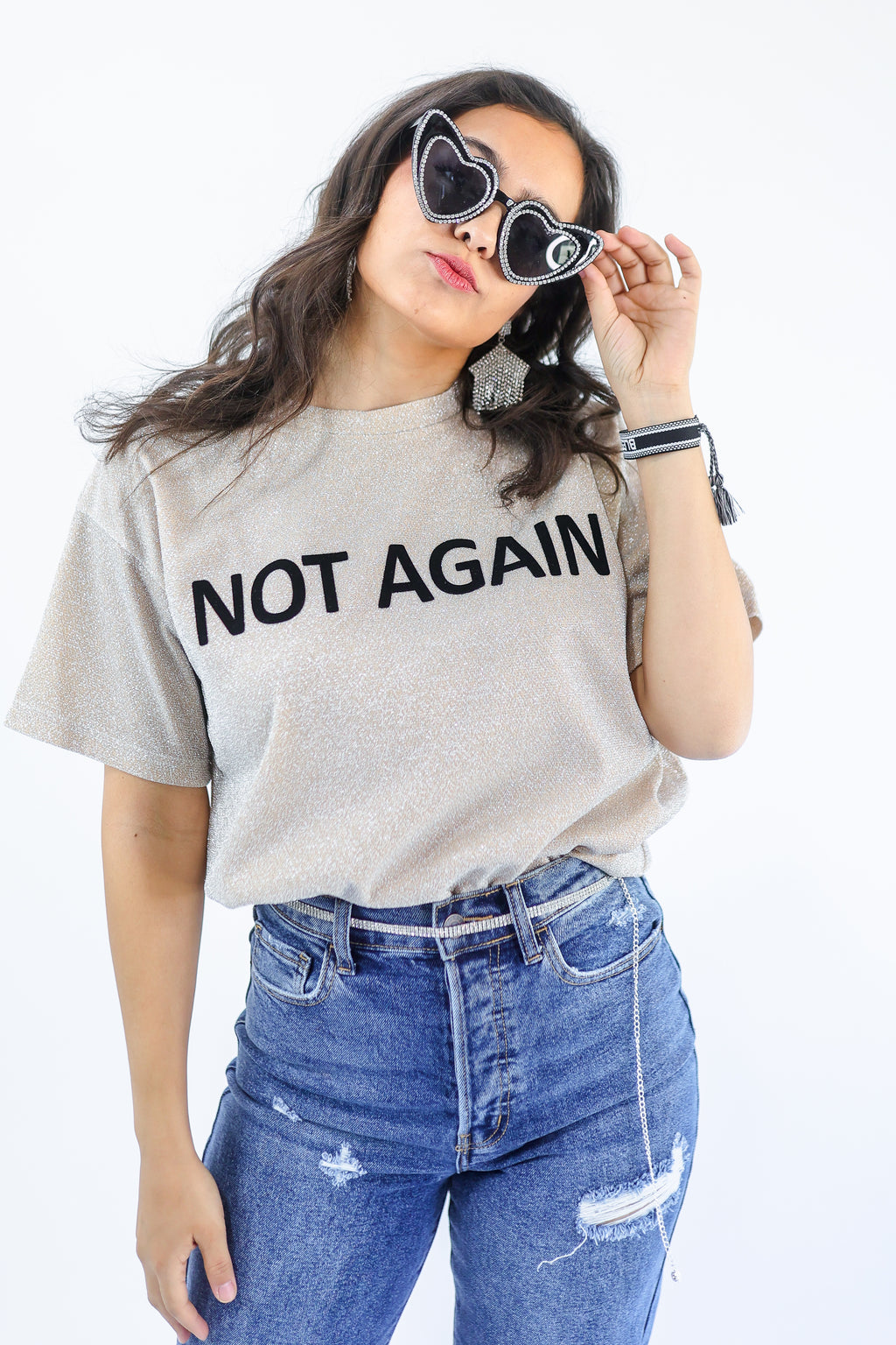 Not Again Sparkle Tee In Champagne