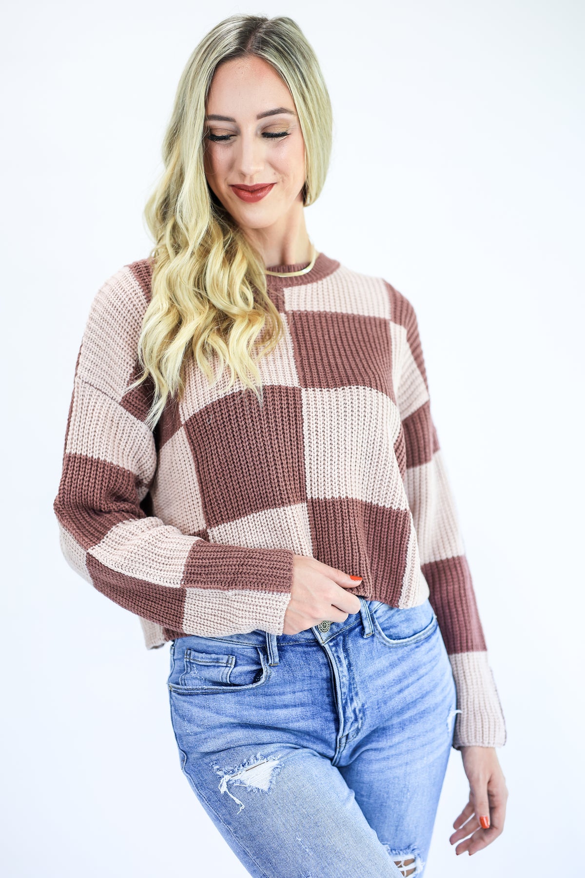 Make It Last Checkered Sweater In Mauve