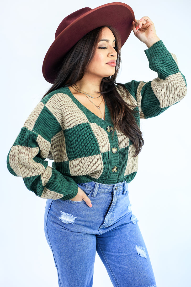 Latte Run Checkered Crop Cardigan