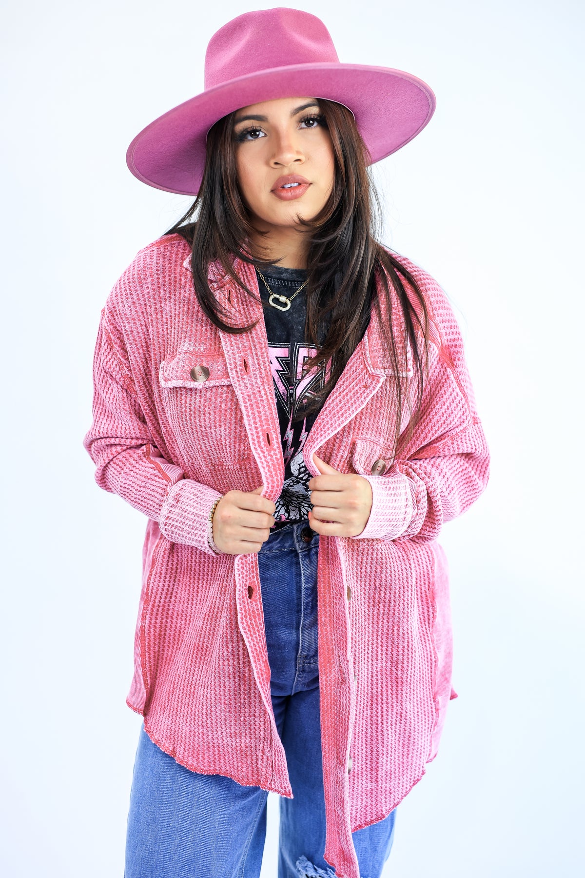 Boho Babe Waffle Shacket In Pink